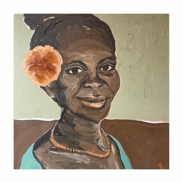 A painted portrait of a smiling Island woman with dark skin, a light green background, a peach Hibiscus flower in her hair, and a turquoise top, shown centered on a Linen canvas.