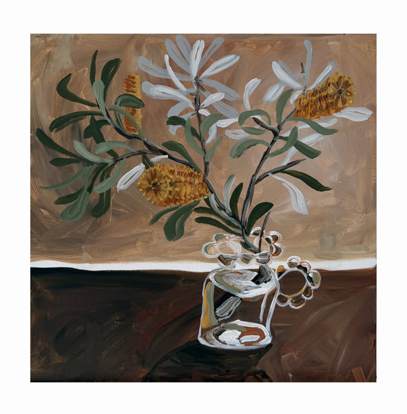 Painting of a Still Life with vase with Australian native Banksiaflowers on a brown tonal textured background piece of Art.