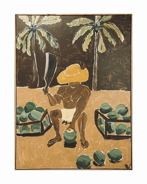 A framed painting depicting an Island man seated figure in a straw hat cutting coconuts, with palm trees and baskets of coconuts against a dark brown background.