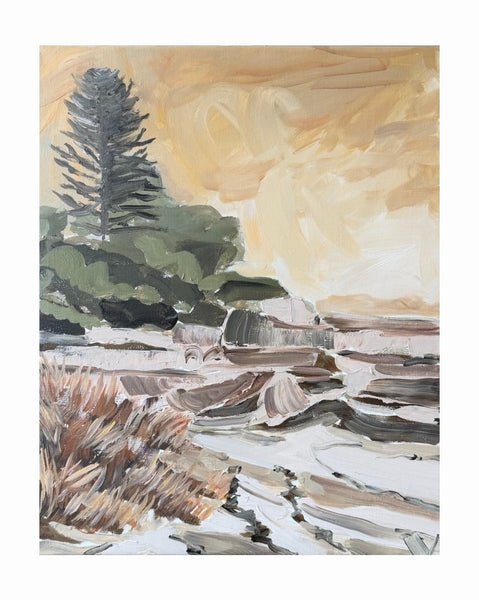 An impressionistic landscape painting featuring a tall dark pine tree on the left, a warm golden sky, and rocky shoreline with textured brushstrokes in beige, brown, gray, and green.