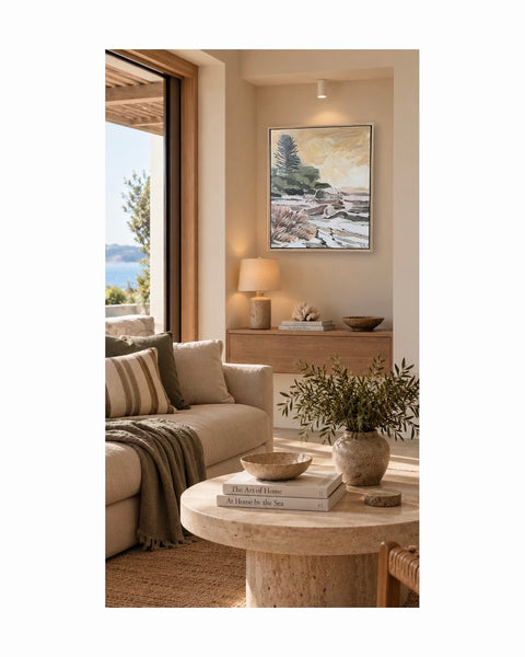 A framed landscape art painting hangs on a beige wall in a modern, warm-toned living room coastal setting carefully curated with the perfect piece of art